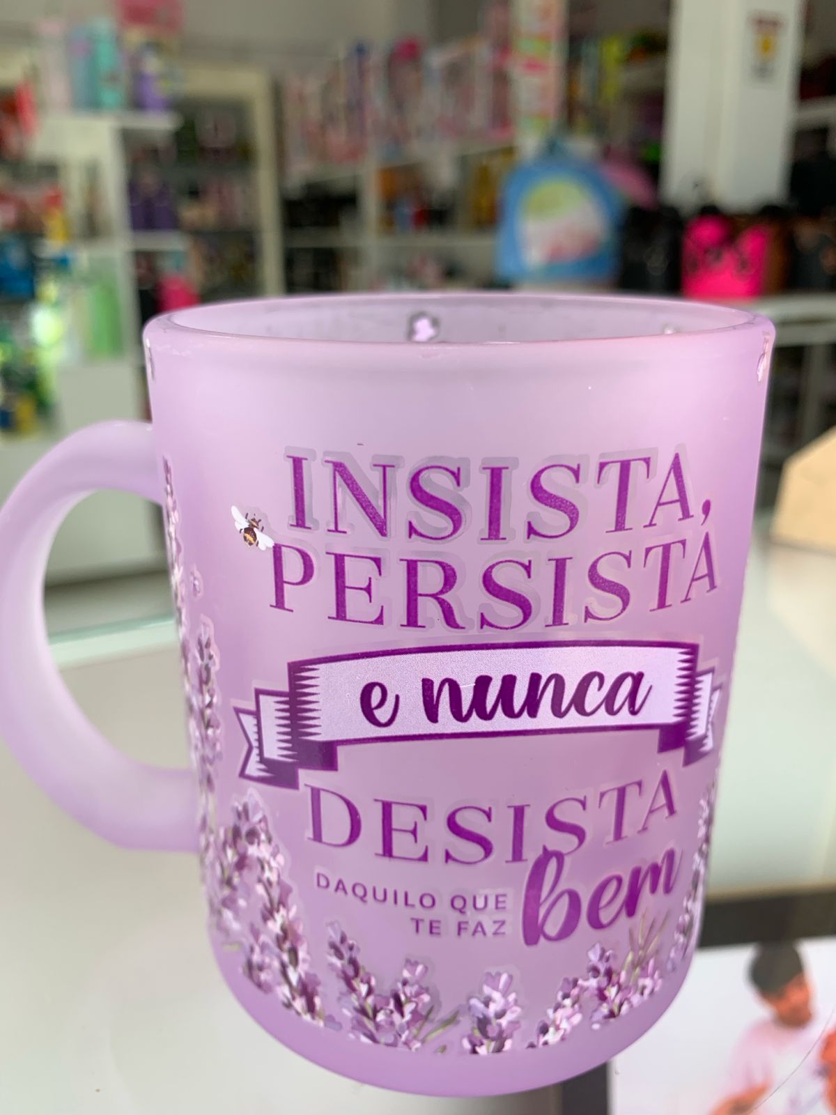 Caneca vidro 300ml- Insista, persista lavanda