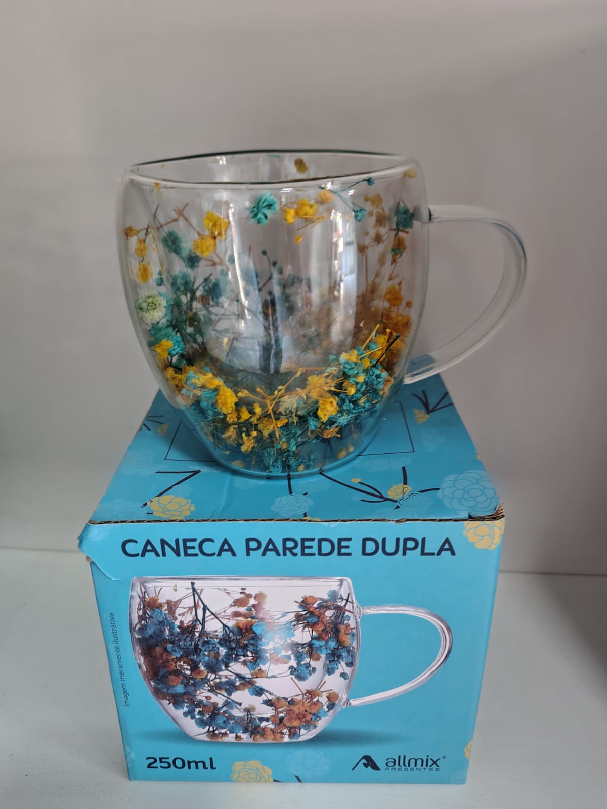 Caneca vidro boro parede flores 250ml